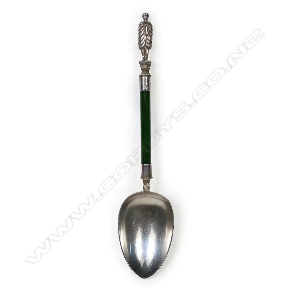 Frank Hyams (Dunedin) silver and greenstone Maori themed spoon, Image 1++